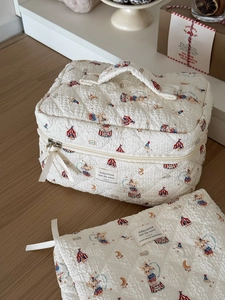 Quilted makeup bag set with circus bear print and soft puffy fabric handles