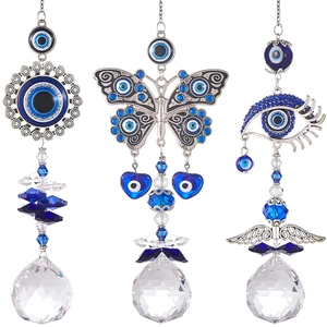 Blue Evil Eye suncatcher ornaments with crystal prism balls and silver metal butterfly charms