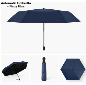 Navy blue automatic folding umbrella with black glue UV coating and storage sleeve