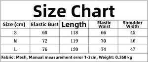Size chart for mesh dress showing measurements for bust, length, waist, and shoulder in cm