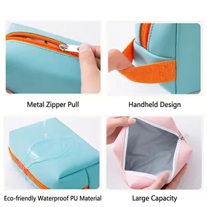 Waterproof PU leather cosmetic bag with large capacity, metal zipper and handle strap