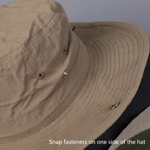 Lightweight quick-dry hiking hat in khaki with side metal snap button detail