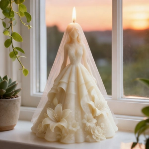 Elegant bridal wedding dress candle with floral relief design lit on a sunny windowsill