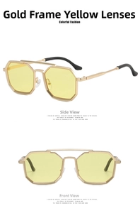 Steampunk polygonal gold sunglasses with double bridge and bright yellow lenses