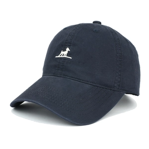 Navy blue cotton baseball cap with white dog embroidery on a clean white background