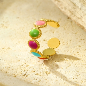 18K gold plated stainless steel open ring with colorful enamel inlay and bead texture