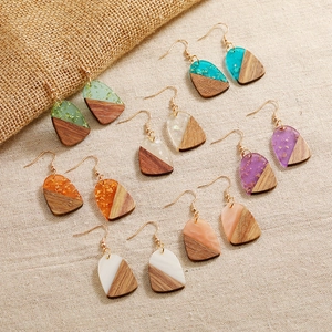 Vintage Geometric Wood Resin Splicing Drop Earrings With Gold Foil For Women Bohemian Ethnic Style Fashion Jewelry
