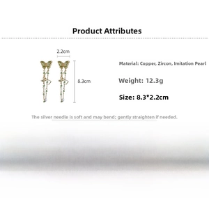 Detailed view of elegant zircon butterfly tassel earrings with faux pearl accents