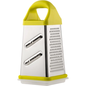 Multi-purpose 4-sided stainless steel box grater with yellow handle for vegetables