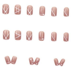 Rosa minimalistische Kunstnägel mit weißen Linienmustern und Perlenverzierungen