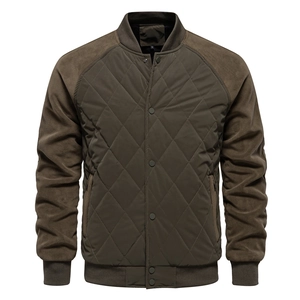 Detail of diamond-quilted bomber jacket showing fleece raglan sleeves and ribbed collar