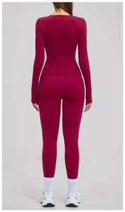 Rear view of maroon high-elastic yoga set featuring long sleeve top and leggings