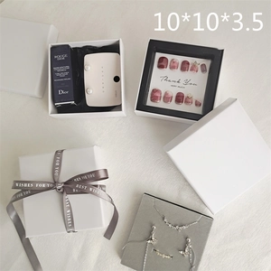 Square white jewelry gift box 10x10x3.5cm with gray ribbon for pendants and earrings