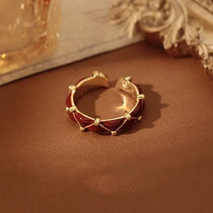 Vintage 24K gold-plated open ring with red enamel diamond pattern and beaded details
