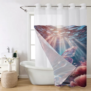 Detail of waterproof shower curtain with dreamlike butterfly and coral print and metal eyelets
