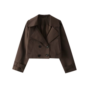 Detail of short double-breasted trench coat in coffee brown with notched lapels