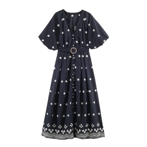 Elegant Women V Neck Maxi Dress Polyester White Floral Embroidery Bubble Short Sleeves Belted Button Front Wavy Hem Vintage