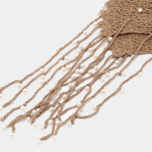 Beige hollow crochet beanie with pearl tassels, bohemian style knitted turban cap for women