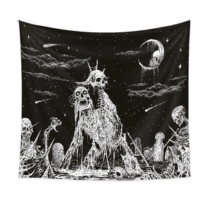 Gothic skull and crescent moon tapestry for wall decoration with stars and tombstones