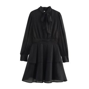 Robe Courte En Mousseline Style Français Manches Longues Noeud Papillon Ourlet À Volants Superposés Élégante Noir Taille Haute