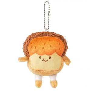 Cute plush bread keychain with brown curly hair and tiny legs on a white background