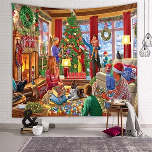 Detailreicher Weihnachts-Wandteppich mit gemütlicher Familienszene und klarem Farbdruck