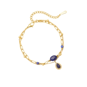 Bracelet à plusieurs rangs en acier doré orné de pendentifs en pierre bleue