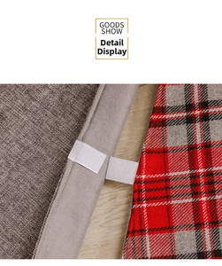 Detail of red plaid fabric and brown linen texture with white velcro closure on tree skirt