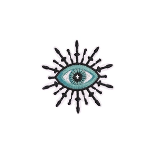 Evil eye embroidered patch with blue iris and sunburst black lines for iron-on decor