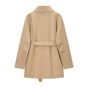 Back view of classic khaki trench coat with adjustable waist belt and long sleeves