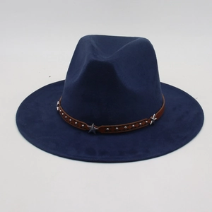 Close-up of dark blue fedora with brown leather strap and silver star metal charms