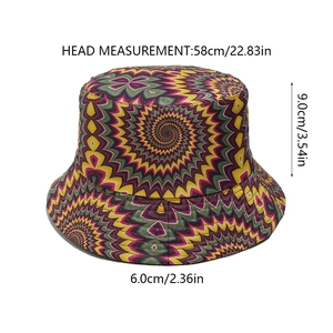Detailed size guide for sun bucket hat with colorful psychedelic spiral print patterns