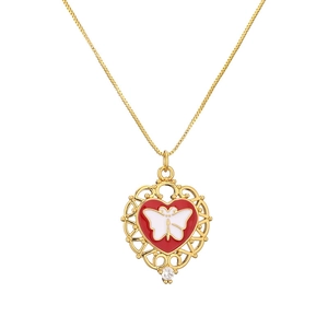Gold-plated hollow heart necklace with red enamel butterfly pendant and zircon detail