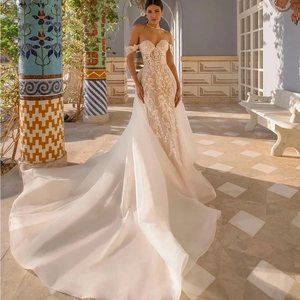 Off The Shoulder Lace Wedding Dress Mermaid Bridal Gown With Long Organza Train Elegant White Women Formal