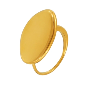 Minimalist gold oval ring in polished stainless steel shown from a 45-degree angle