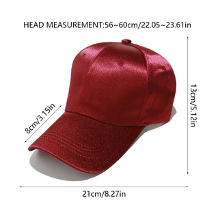 Detailed size specifications for a glossy red satin baseball cap with 56-60cm circumference