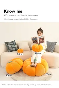 Lifestyle shot of soft orange pumpkin plush cushions in various sizes on a sofa