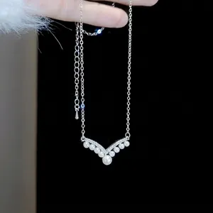 V-Shaped Pendant Necklace With Imitation Artificial Pearls And Zircon In Copper Minimalist Elegant Clavicle Chain Jewelry For Women
