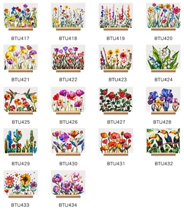Floral stained glass style acrylic table ornaments with solid wood base, multi-design set