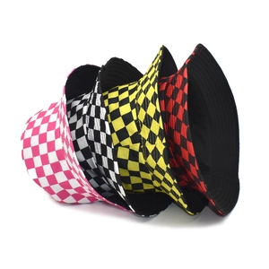 Fashionable reversible checkerboard bucket hats in pink, black, yellow and red colors