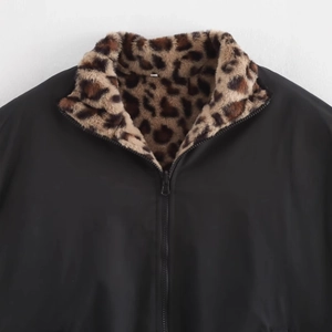 Women's reversible leopard faux fur collar bomber jacket with zip-up front closure