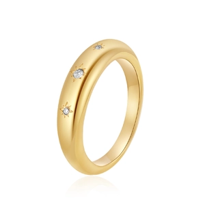 Polished titanium steel gold ring with three inset star-etched clear zircon stones