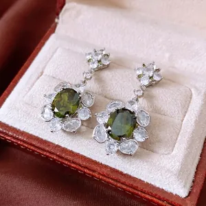 Vintage olive green zircon flower earrings with silver setting in a premium velvet gift box