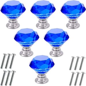 Blue crystal glass drawer pulls with silver bases and matching mounting screws set