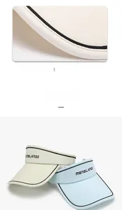 Detail of ice silk sun visor hat with logo and premium stitching in beige and blue