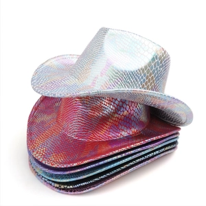 Colorful laser sequin cowboy hats with snake scale embossing in multiple metallic shades