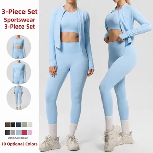 Ensemble de Yoga 3 Pièces à Taille Haute pour Femmes Vêtements de Sport Sans Couture Veste à Fermeture Éclair Soutien-Gorge de Sport et Leggings Top Und Bottom