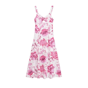 Robe Longue à Fleurs pour Femmes avec Détails Ajourés Col en V sans Manches Élégante Style Bohème pour Plage Été