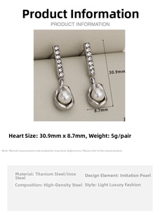 Detailed view of silver stainless steel earrings with pearl drop and crystal inlay