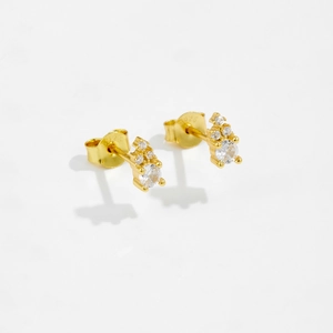 Elegant S925 sterling silver gold stud earrings with three-petal zircon cluster design